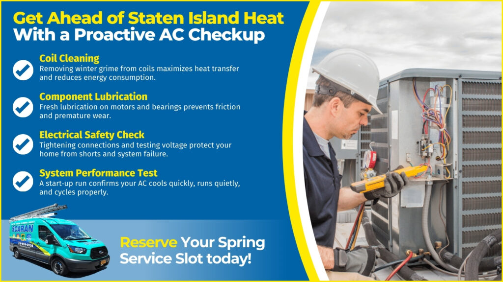 This is an image of an HVAC technician working on AC unit. The headline reads get ahead of Staten Island heat with a proactive AC check up.