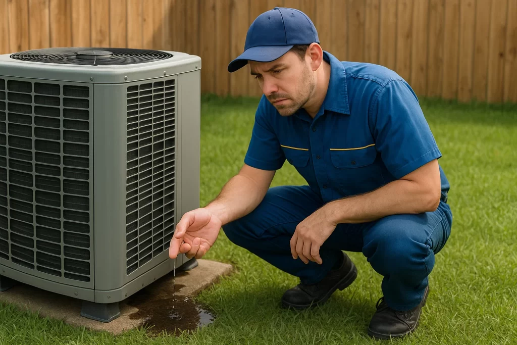 An HVAC tech checks a leak under an ac condenser unit.