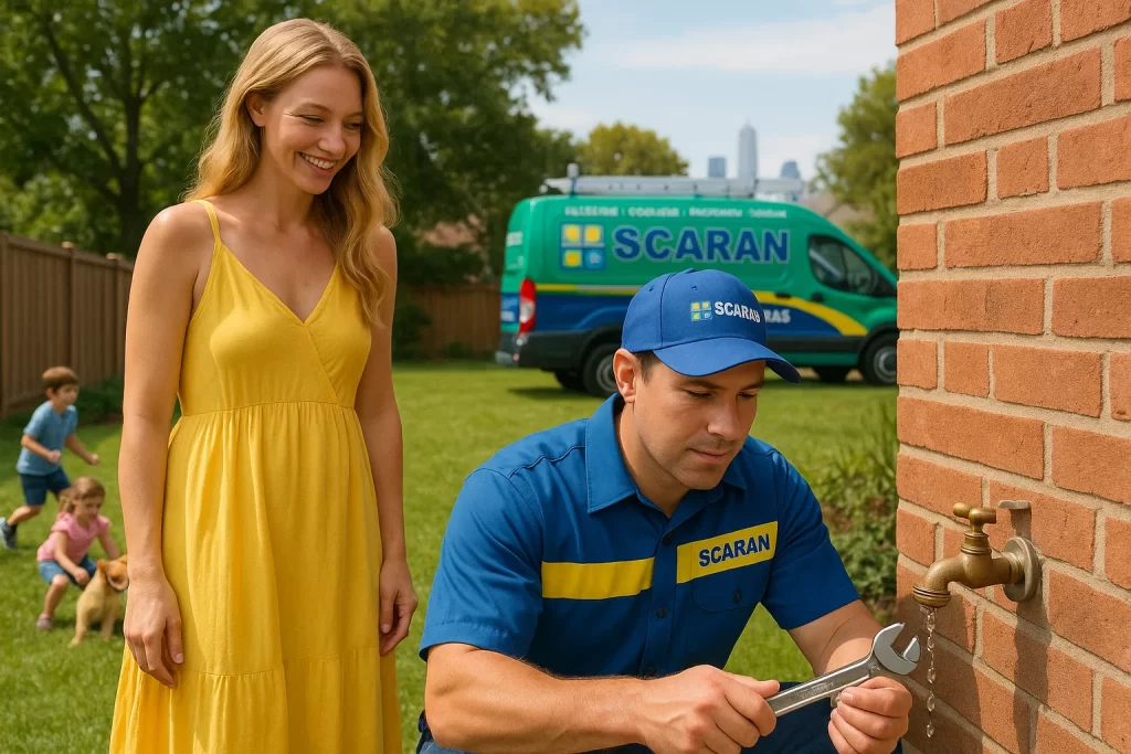 Homeowner and plumber inspecting a dripping outdoor hose bib