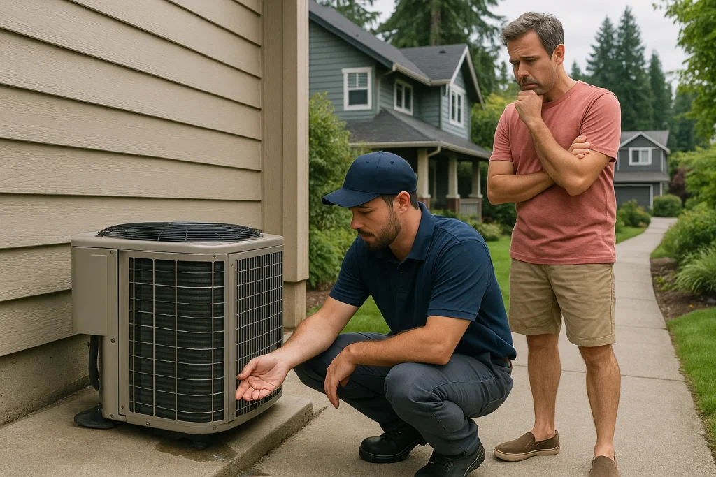 An HVAC technician and a homeowner examine a leaking AC unit on side of house