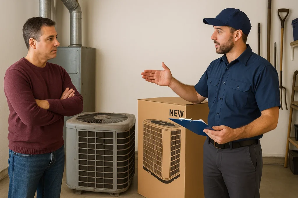 Homeowner discussing AC repair vs. replacement with technician beside old and new units