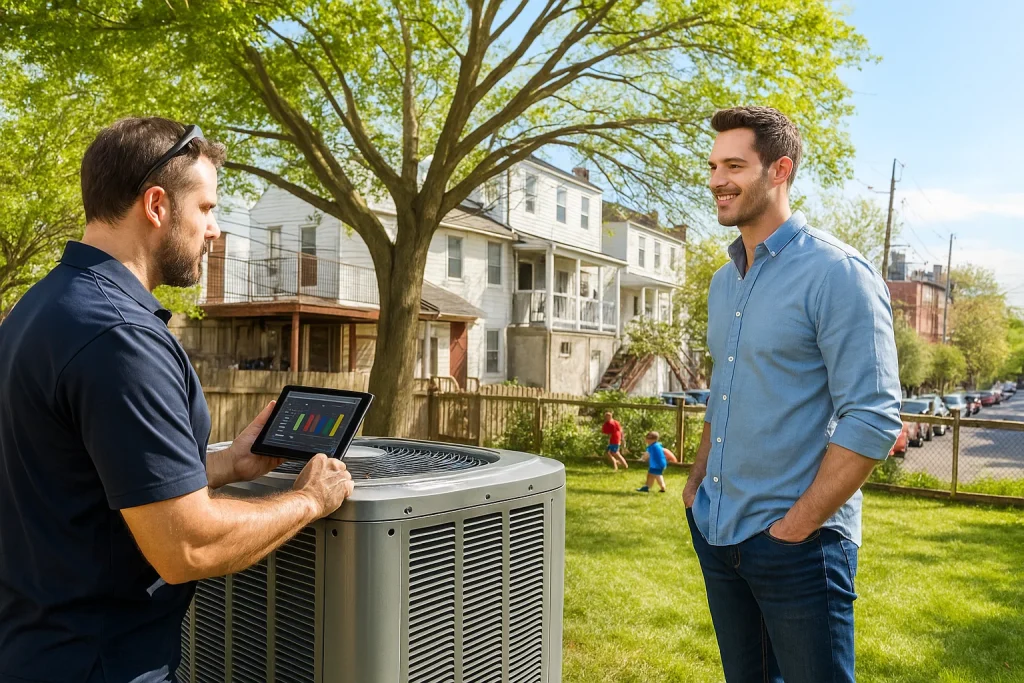 Technician checks heat pump outdoor unit diagnostics with homeowner nearby.