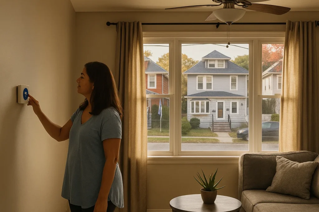 Homeowner adjusting smart thermostat to 78°F with ceiling fan running
