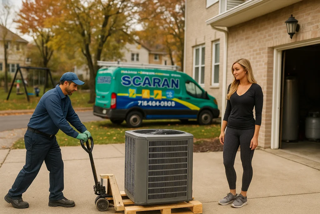 Staten Island neighborhood with HVAC truck parked for seasonal heat pump replacement