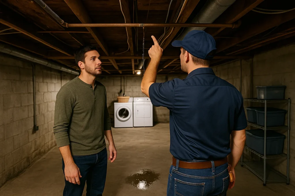 A plumber and a homeowner discussed a leaking pipe in the basement in Staten Island.