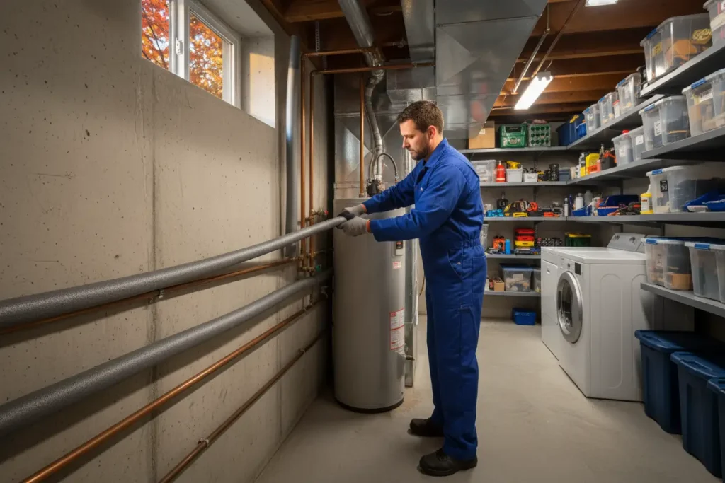Plumber insulating exposed basement pipes in a Staten Island home during October to prevent freezing.