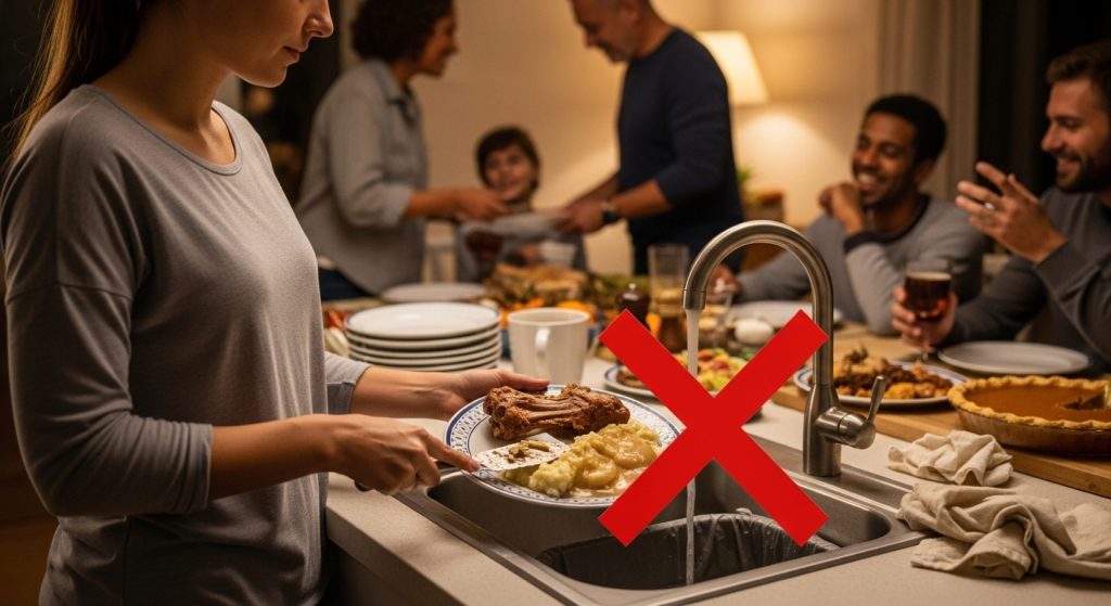 A family cleaning up after Thanksgiving dinner. There's a woman scraping turkey bones and other food off of her plate and into the sink's garbage disposal. There's a red x on the food she's putting in the  drain