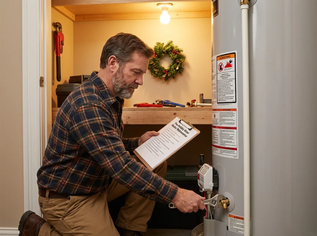 Homeowner checks off pre‑holiday water heater maintenance checklist beside water heater