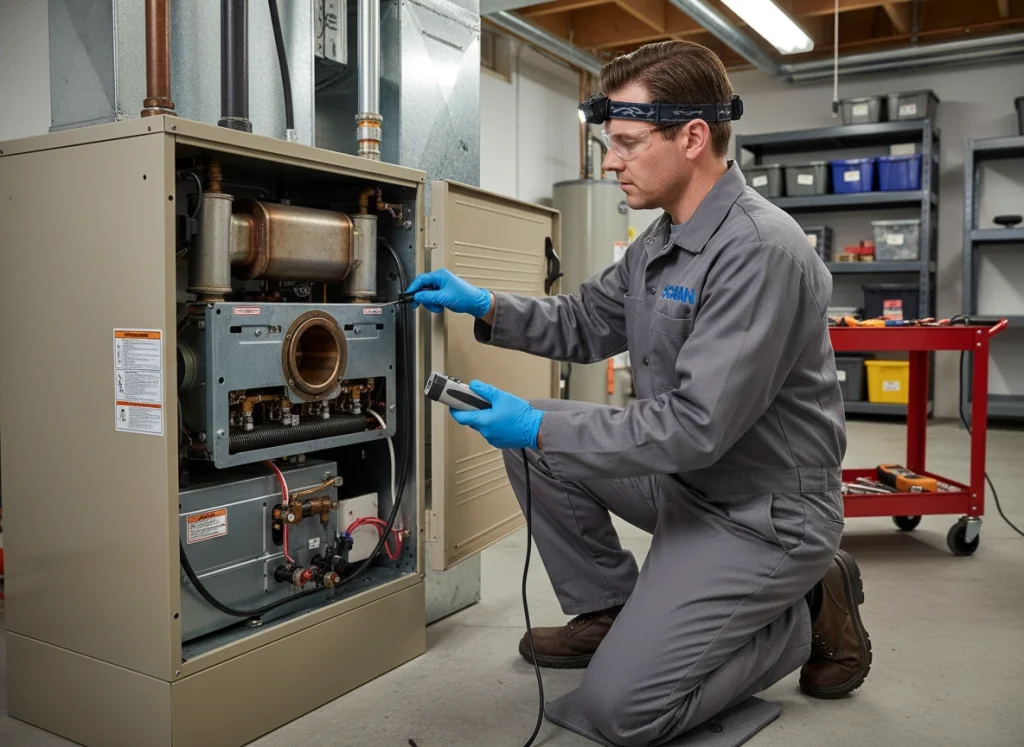 HVAC technician performing winter furnace tune‑up in basement utility room