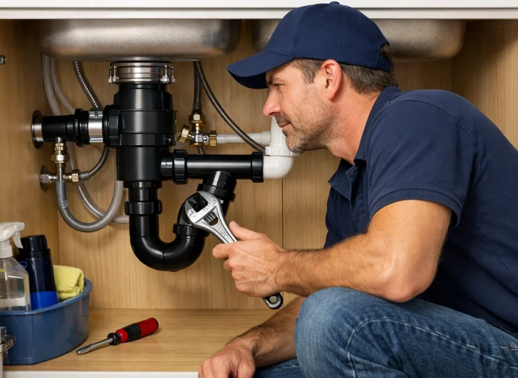 Professional plumber inspecting under-sink pipes to prevent water damage