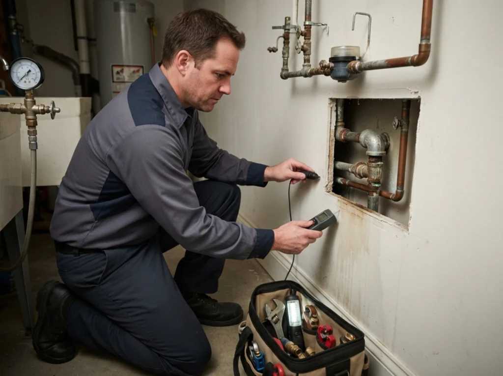 Plumber inspecting hidden leaks and low water pressure in old piping.