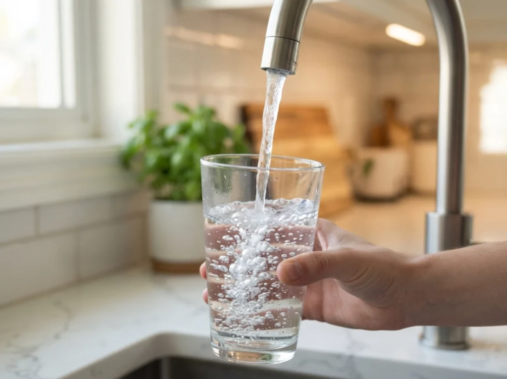 Clear glass being filled with clean water from a kitchen faucet