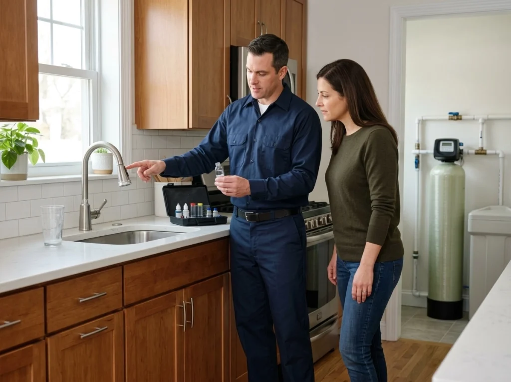 Staten Island homeowner discussing hard water and water softening with plumber