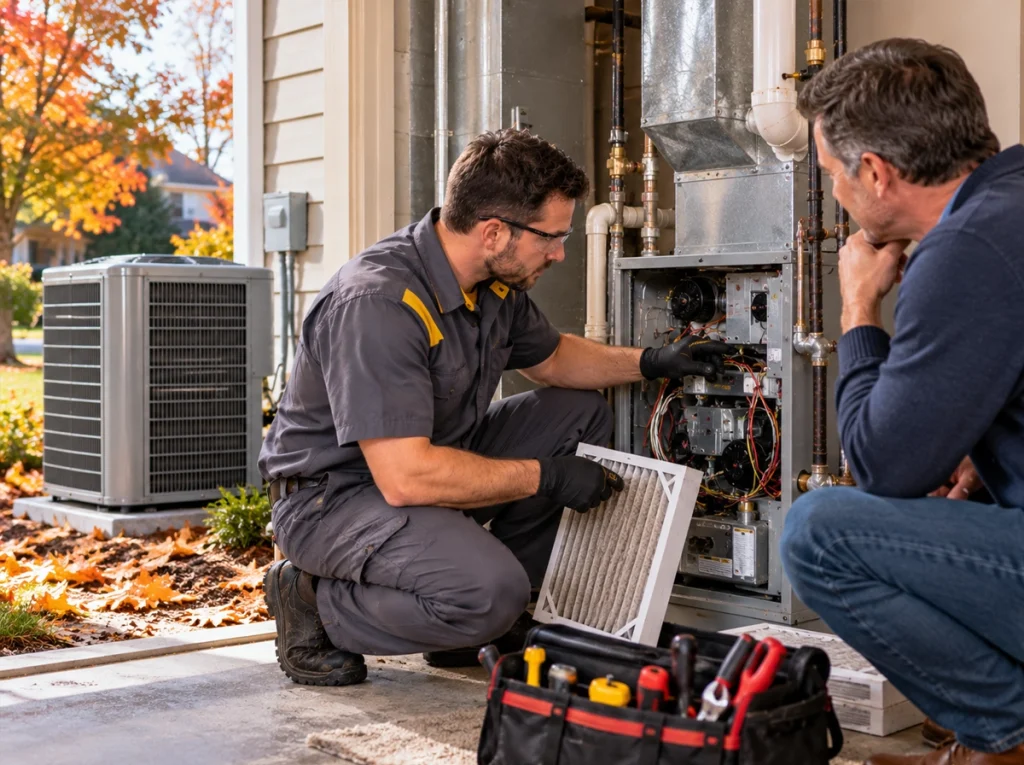 Staten Island homeowner discussing fall HVAC maintenance with technician
